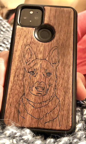 phone case with wooden inlay and engraved german shepherd face