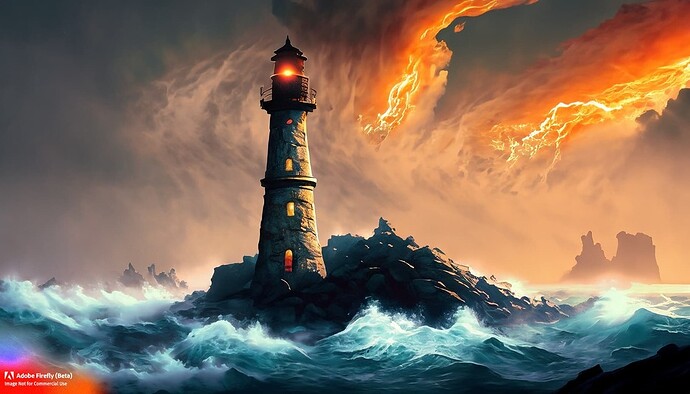 Firefly_an+isolated iron lighthouse shining out to sea at night as it sits on a rocky stone island being battered by huge ocean waves, smoky orange clouds sci-fi_painting_12989