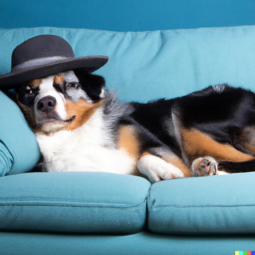 DALL·E 2022-10-19 17.52.17 - A photo realistic Australian Sheperd in a hat laying on a blue couch