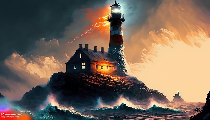 Firefly_an+isolated iron lighthouse shining out to sea at night as it sits on a rocky stone island being battered by huge ocean waves, smoky orange clouds sci-fi_painting_46191