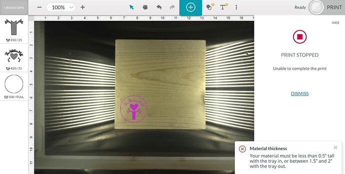 glowforge material thickness error